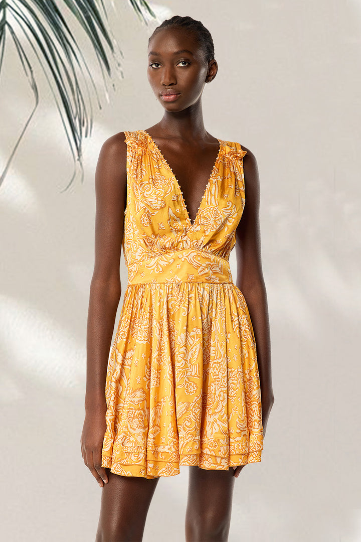 Mini Dress Bessie - Yellow Oriental Foulard