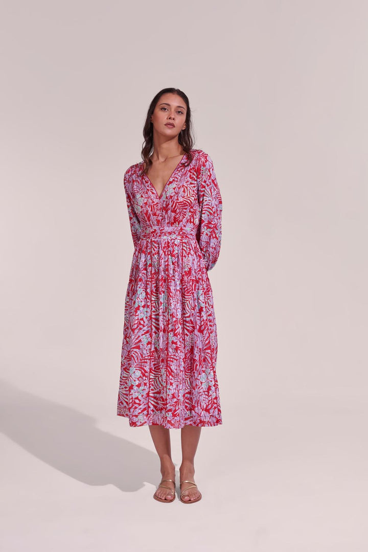 Midi Dress Anabelle - Red Tropical