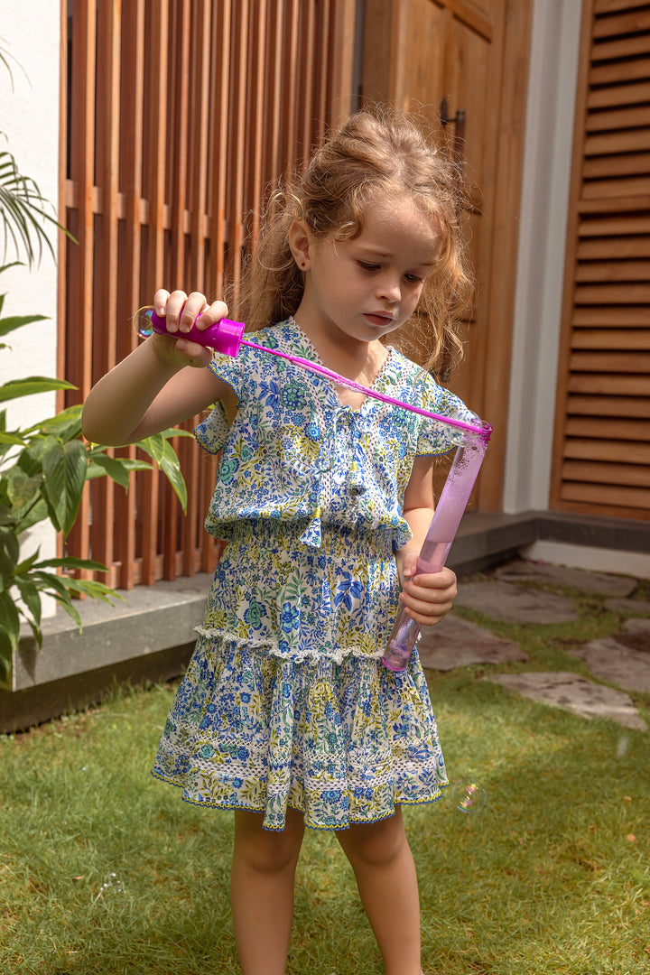 Kids Mini Dress Anais - White Blue Nature