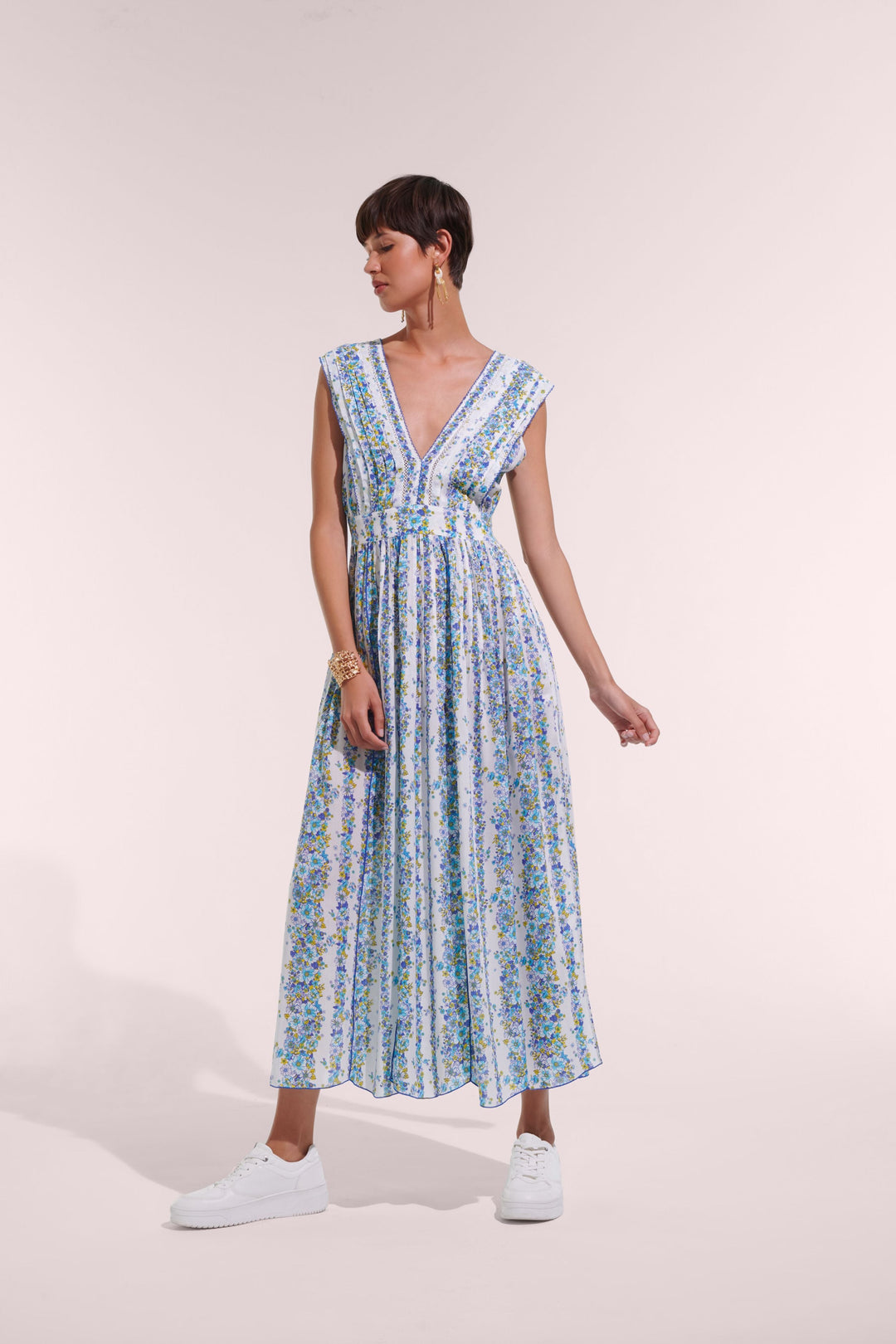 Long Dress Agnes - Blue Waves Flowers