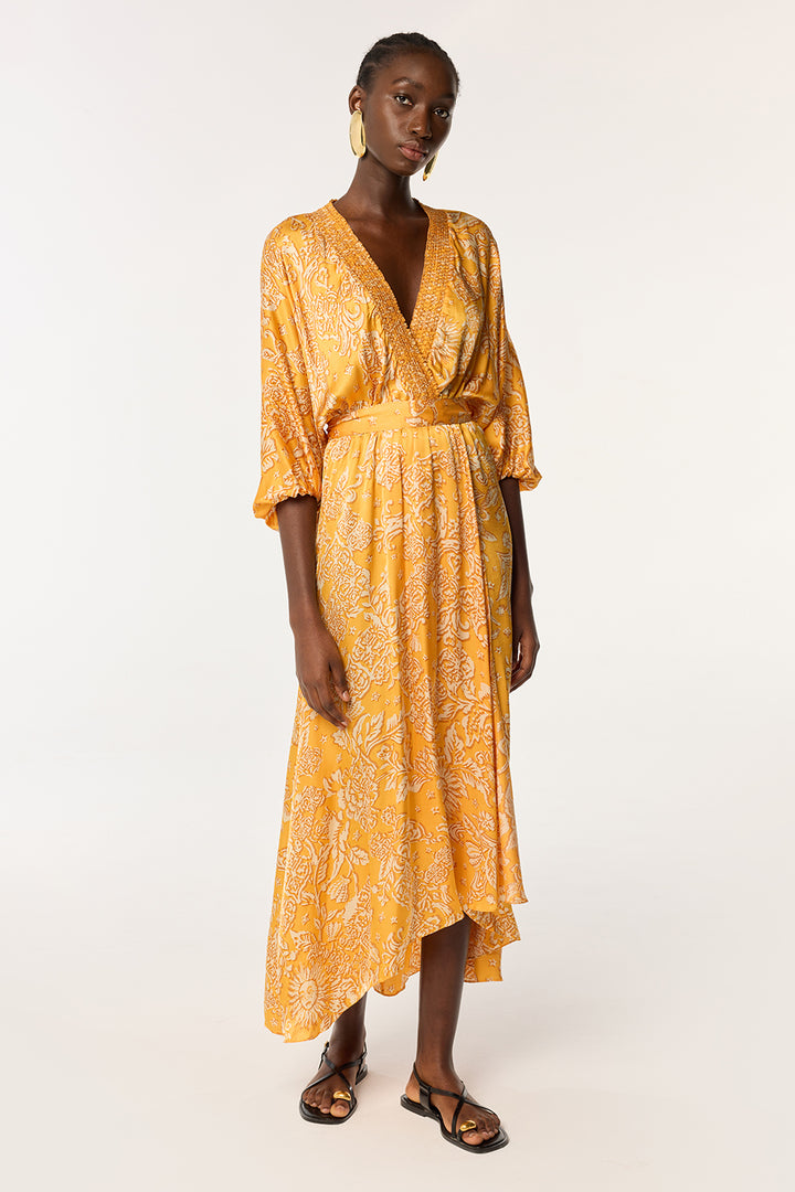 Long Dress Celie - Yellow Oriental Foulard