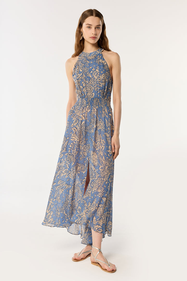 Long Dress Clea - Blue Oriental Foulard