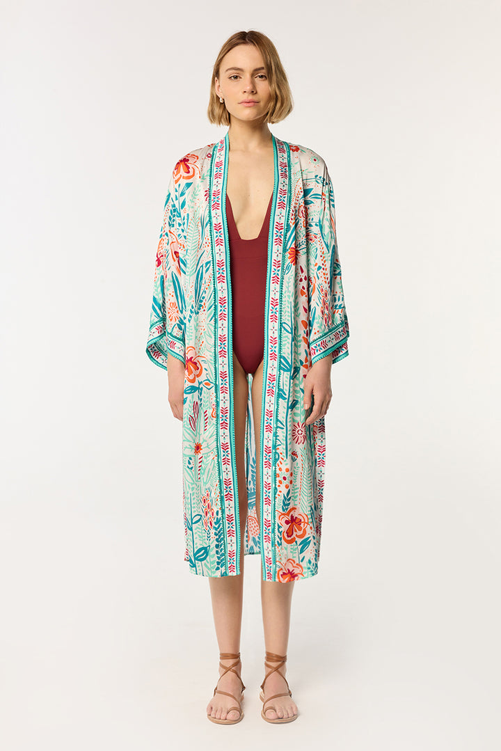 Long Kimono Erica - Mint Plum Bird Big