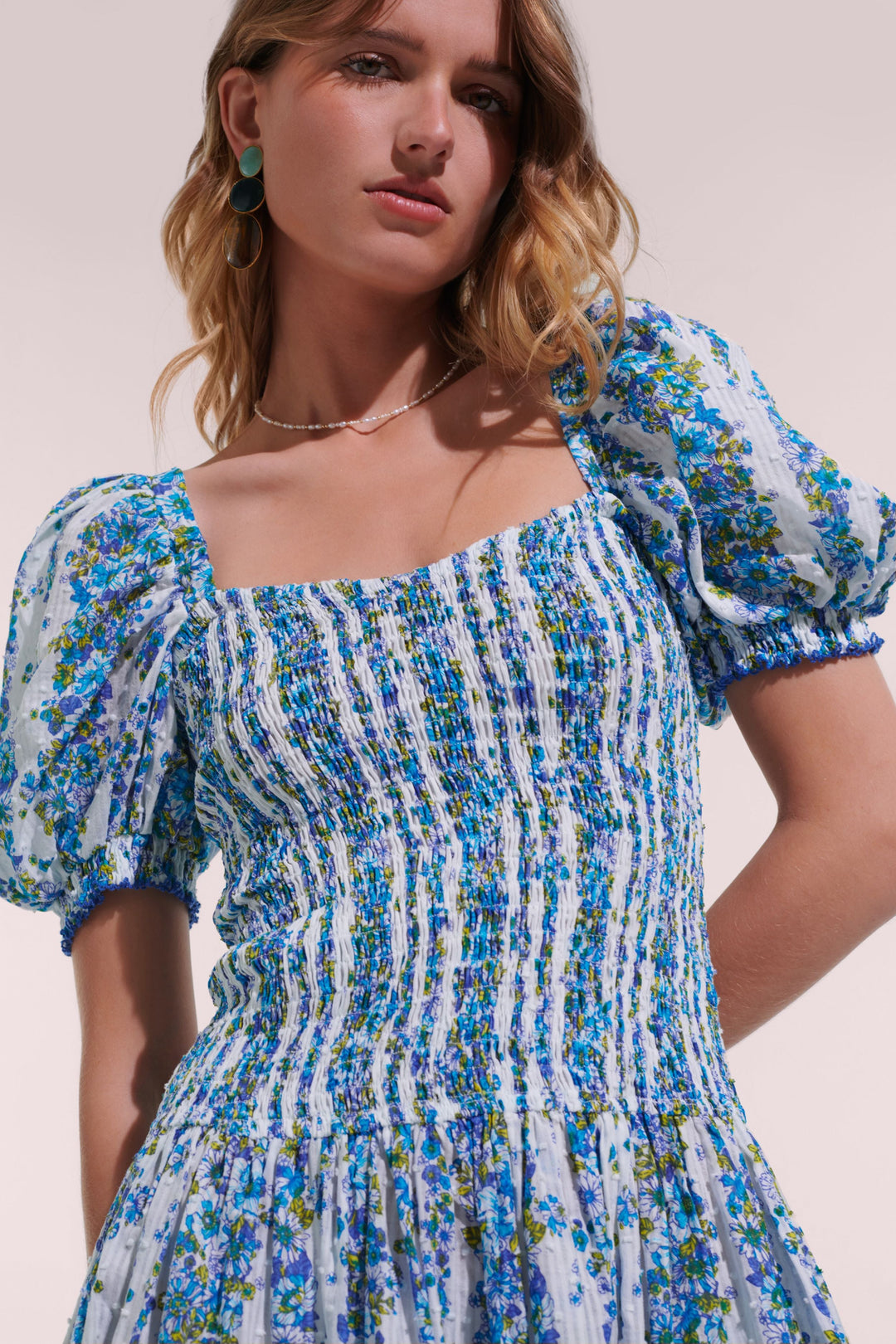 Mini Dress Bertha - Blue Waves Flowers